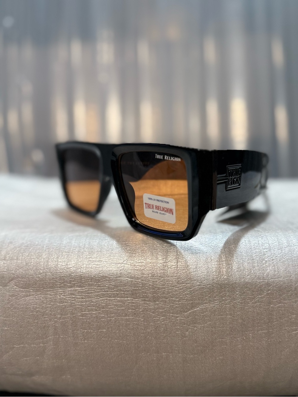 True Religion Men's Glossy Black Sunglasses with Yellow Mirror Lenses-NWT